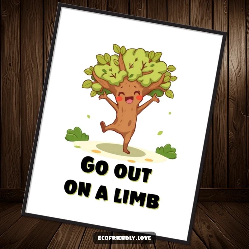 Funny Free Printable Wall Art: Tree character doing a joyful, energetic dance, whimsical and humorous downloadable decor.