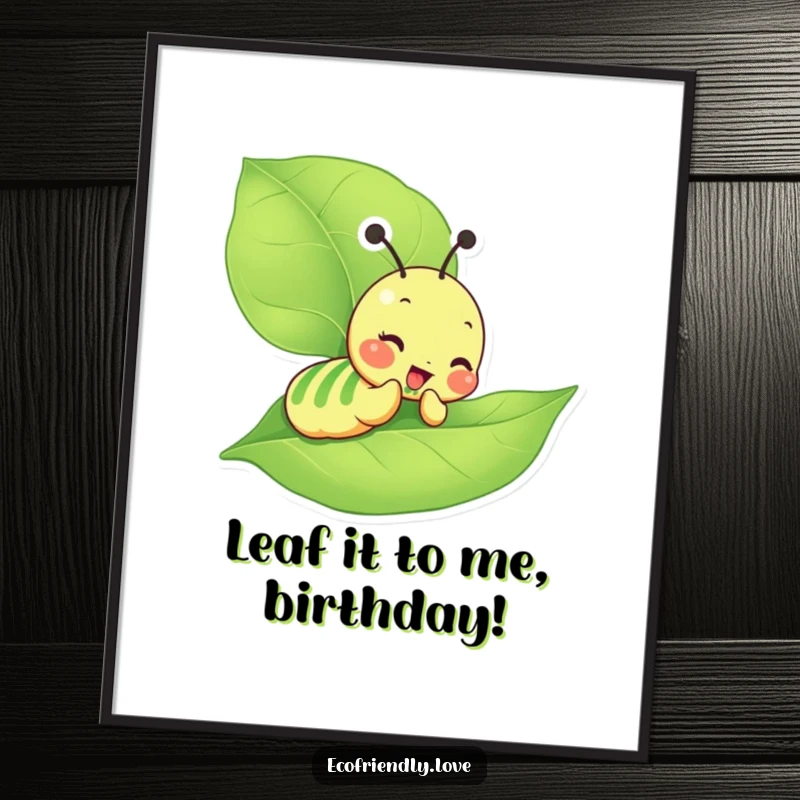 Funny Free Printable Wall Art of a giddy caterpillar character contentedly munching on a large, vibrant green leaf.