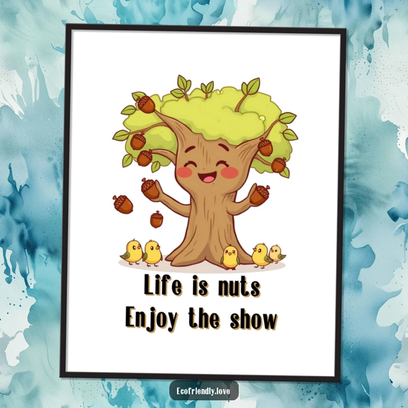 Funny Free Printable Wall Art: Happy tree character juggling acorns with a delighted audience of birds.