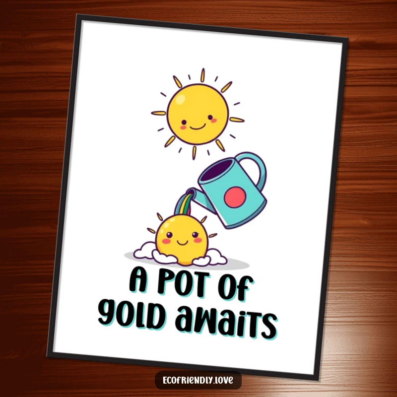 Funny Free Printable Wall Art: Adorable kawaii watering can pouring a vibrant rainbow into a big, happy smiling sun.