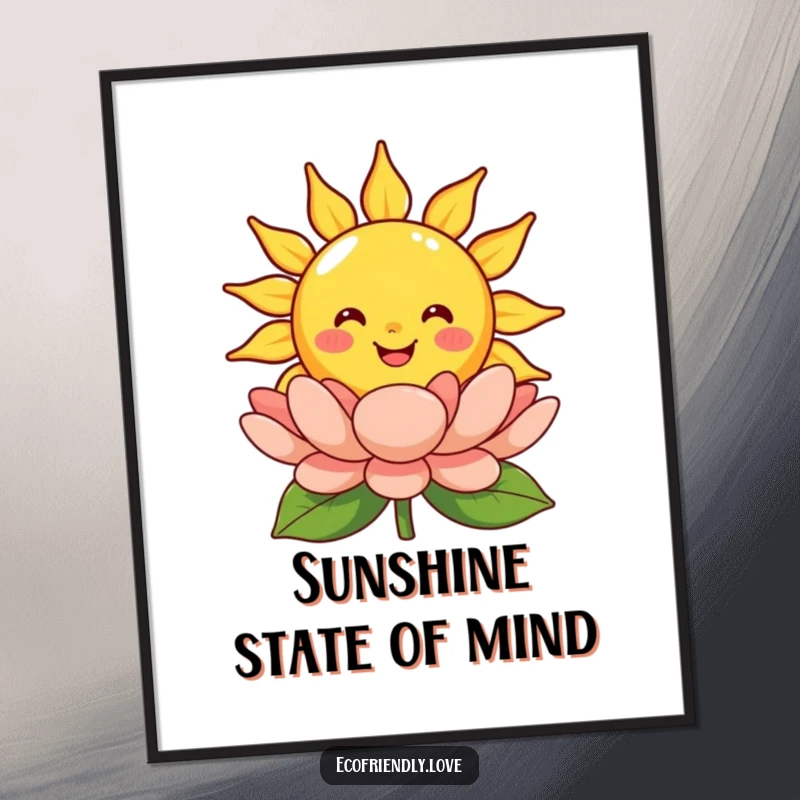 Funny Free Printable Wall Art: A smiling sun character radiates warmth onto a beautiful blooming flower, creating a happy scene.