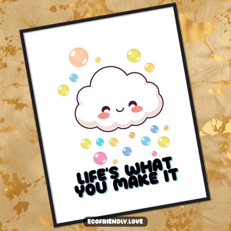Funny Free Printable Wall Art: A smiling cloud character playfully raining down a cascade of colorful bubbles.