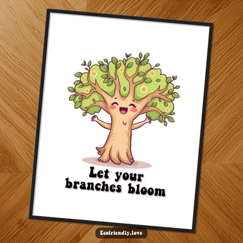 Funny Free Printable Wall Art: A happy tree character dancing energetically with branches swaying, creating a lively and humorous atmosphere.