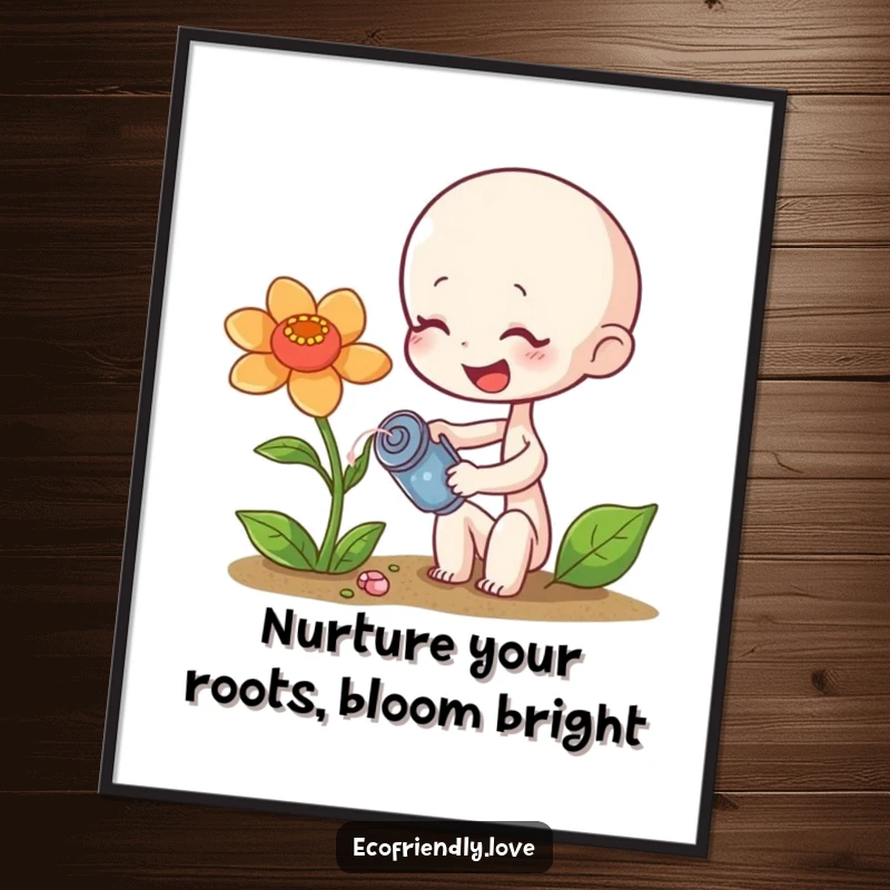 Funny Free Printable Wall Art: A tiny sprout character giggling while watering a wilting flower, full of charm.
