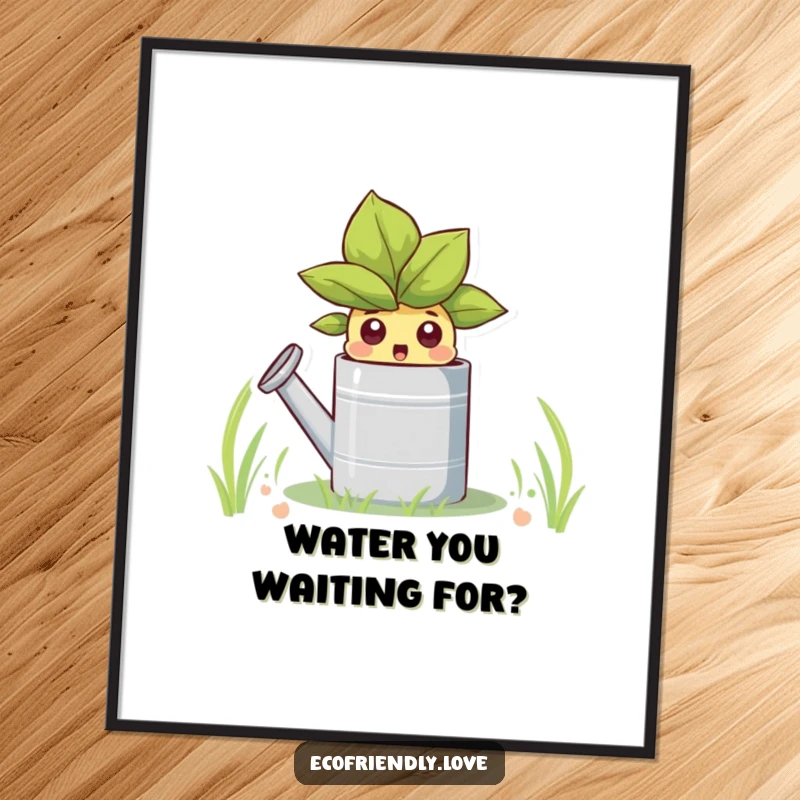 Funny Free Printable Wall Art: A curious sprout character peeking over the rim of a watering can with wide, surprised eyes.