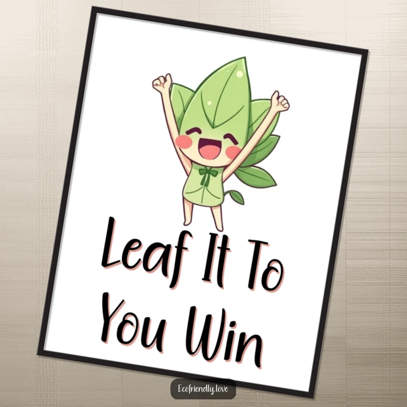 Funny Free Printable Wall Art: A vibrant leaf character triumphantly cheering with arms raised, embodying pure joy and success.
