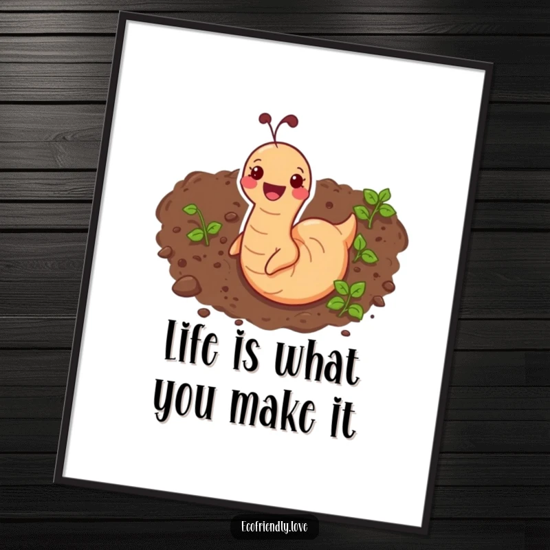 Funny Free Printable Wall Art: Delighted earthworm character wiggling through rich soil, a comical subterranean scene.