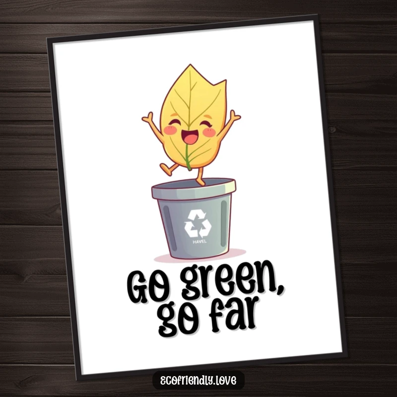 Funny Free Printable Wall Art: A cheerful leaf character joyfully leaping over a recycling bin, celebrating nature.
