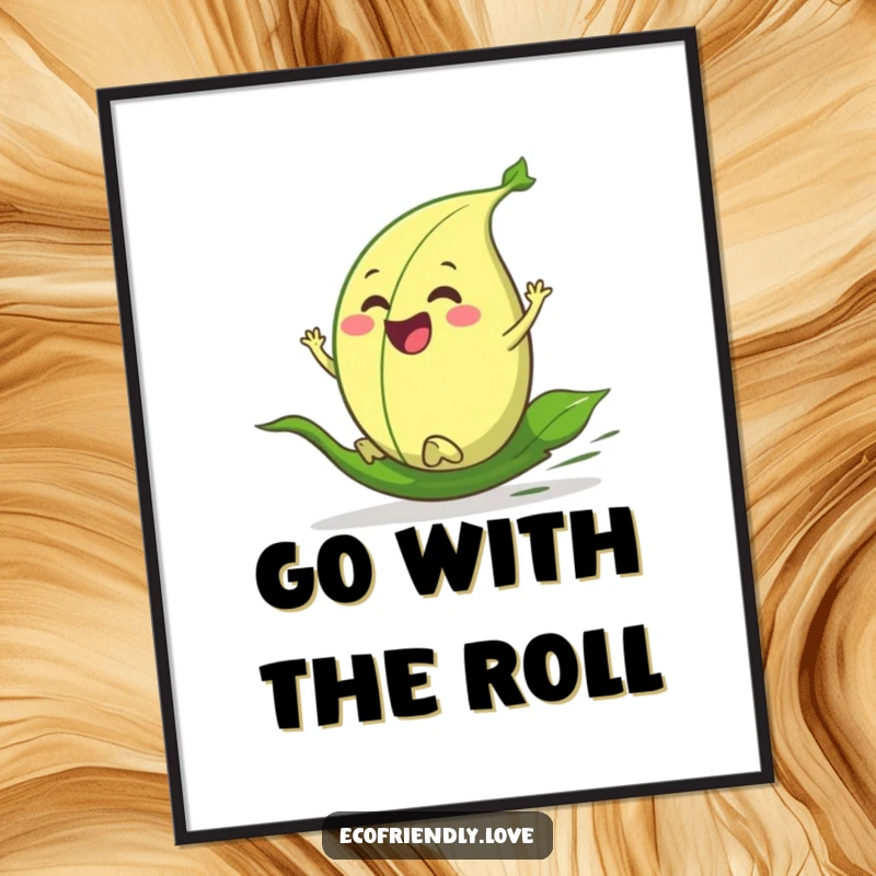 Funny Free Printable Wall Art: A delighted leaf character enthusiastically rolls down a grassy hill, bringing smiles.