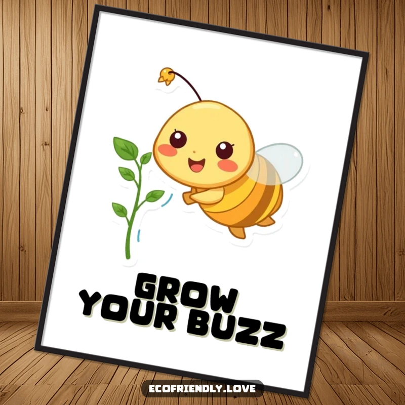 Funny Free Printable Wall Art: A happy bee hovers mid-air, carrying a small green plant sprout.