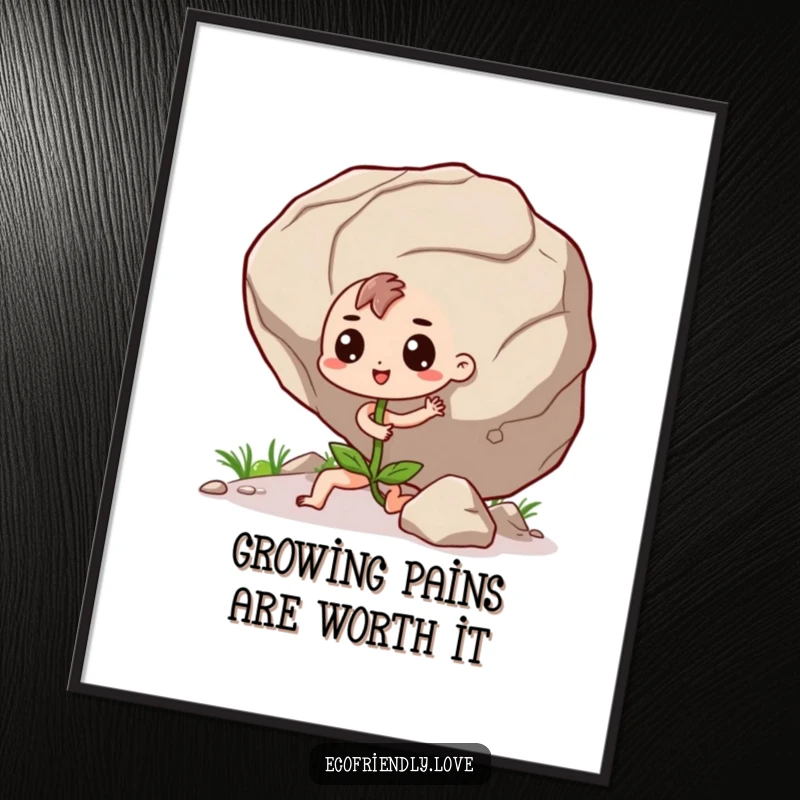 Funny Free Printable Wall Art: a kawaii seedling with a determined expression, heroically pushing an enormous boulder uphill.