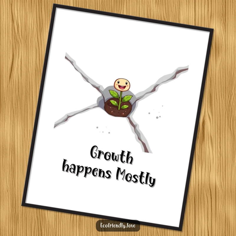 Funny Free Printable Wall Art: Small seedling determinedly cracking concrete path, symbolizing resilience and humor.