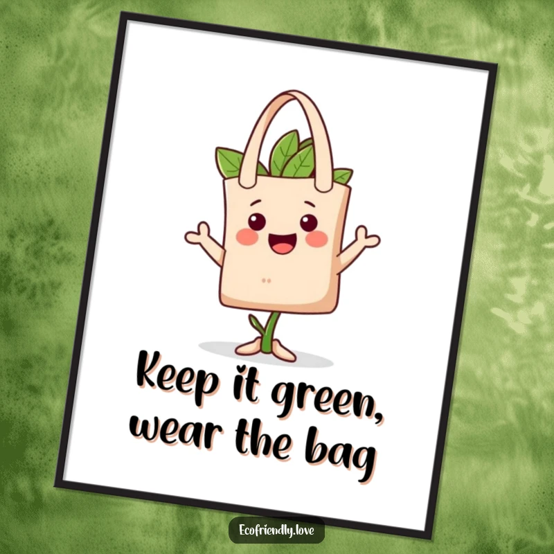 Funny Free Printable Wall Art: A happy plant character stylishly wearing a reusable tote bag as a fashionable hat.
