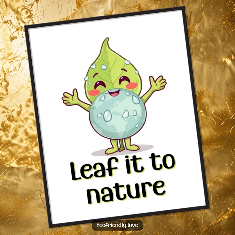 Funny Free Printable Wall Art of a smiling leaf character with arms wide open, embracing a globe glistening with dew drops.