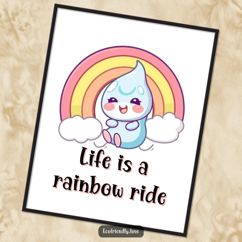 Funny Free Printable Wall Art: Dewdrop character gleefully slides down a vibrant rainbow, bringing infectious joy to your decor.