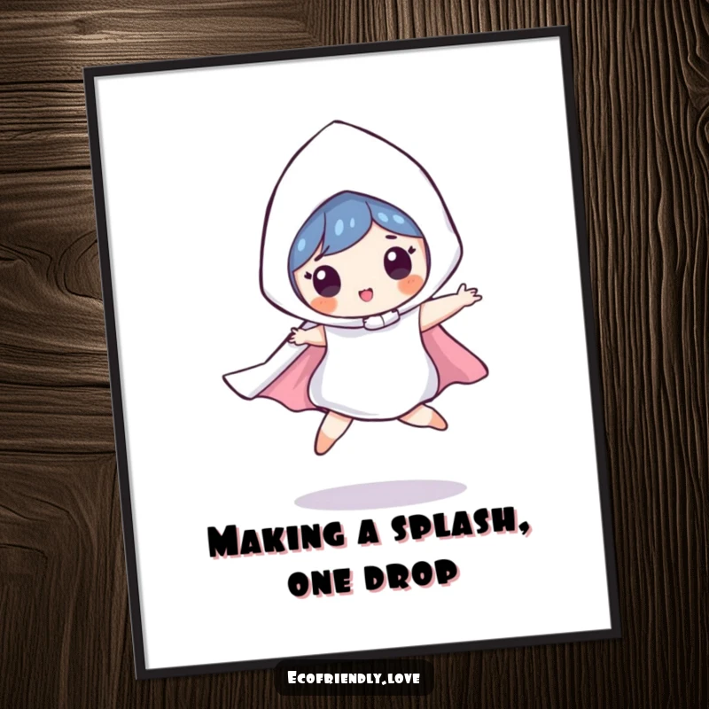 Funny Free Printable Wall Art: A playful raindrop wearing a cape, captured mid-leap with a humorous and energetic pose.