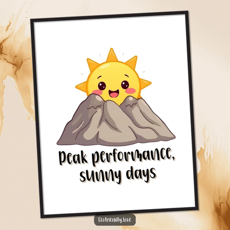 Funny Free Printable Wall Art: Surprised sun character peeking from behind a mountain, cheerful landscape decor.
