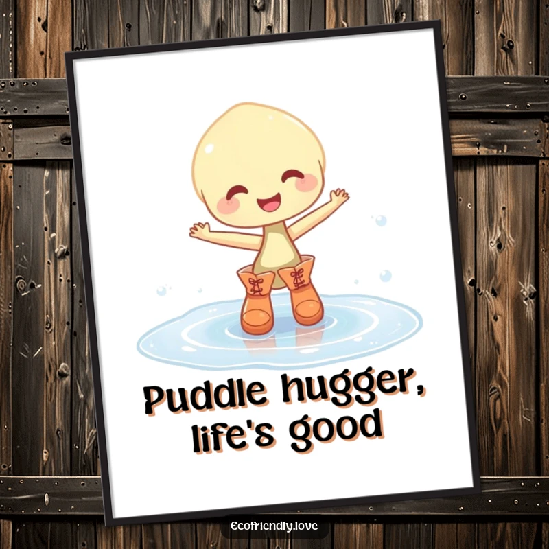 Funny Free Printable Wall Art: Pudgy sprout in tiny boots dances gleefully in a sparkling puddle.