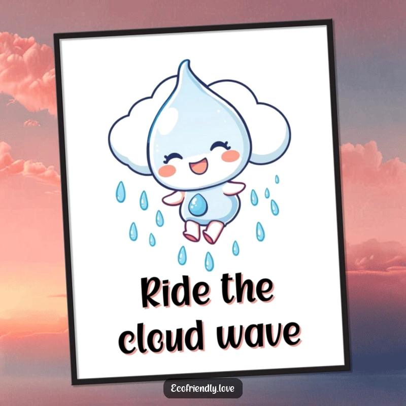 Funny Free Printable Wall Art depicting a water droplet character gleefully sliding down a rain cloud, radiating playful joy.