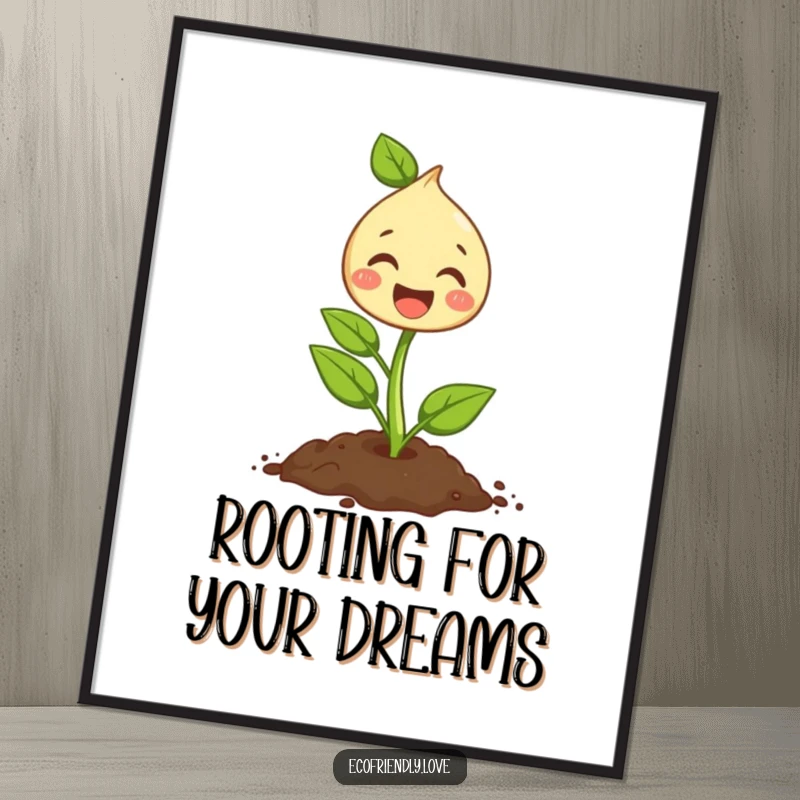 Funny Free Printable Wall Art: Cute sprout character happily planting a seed, cheerful downloadable home decor.