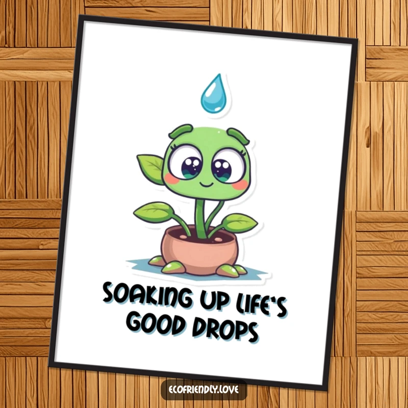 Funny Free Printable Wall Art: A plant seedling with wide, expressive eyes soaking up a large drop, representing simple joy and nature.