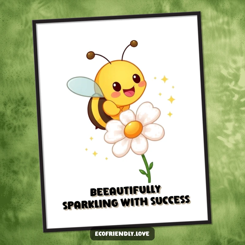 Funny Free Printable Wall Art: A cheerful bee buzzes around a flower, leaving a whimsical trail of colorful sparkles.