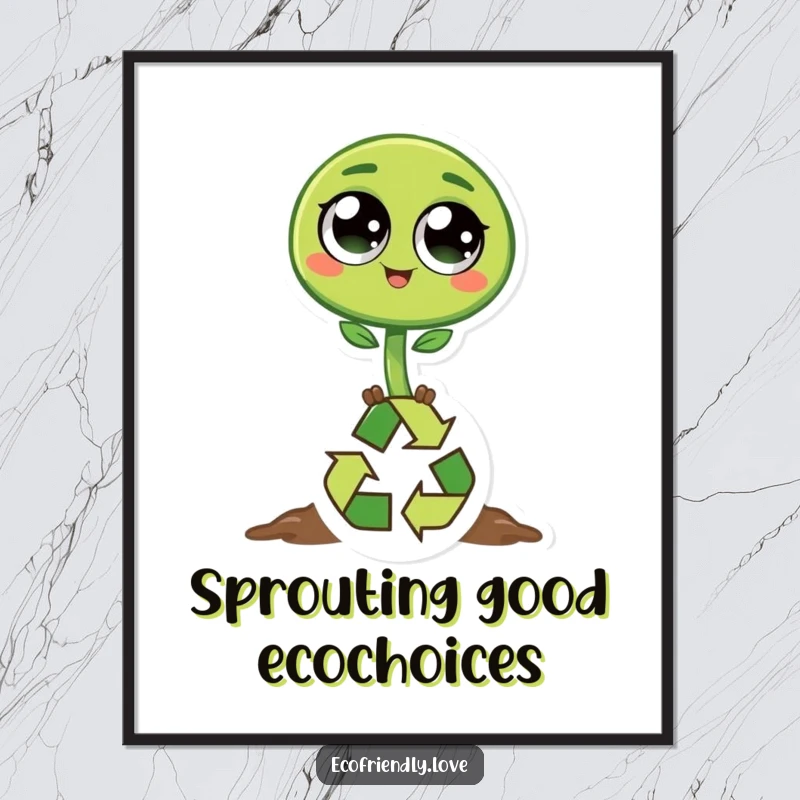 Funny Free Printable Wall Art of a delightful green sprout character with big eyes happily hopping over a recycled symbol icon.