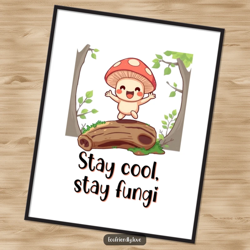 Funny Free Printable Wall Art: A happy mushroom character in mid-bounce on a mossy log, exuding pure joy.