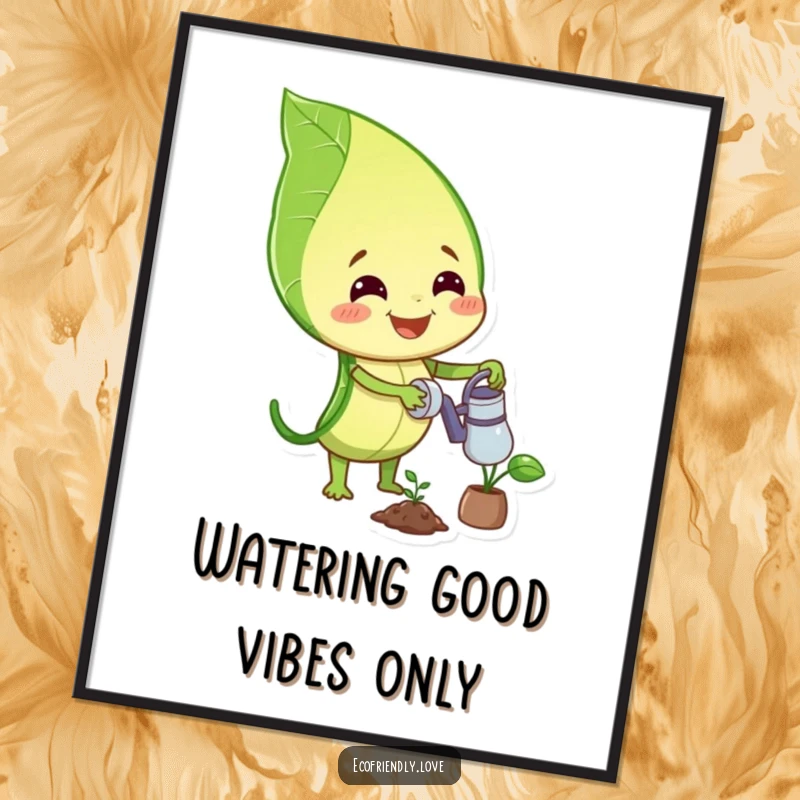 Funny Free Printable Wall Art: Smiling leaf character watering a small plant, cheerful garden-themed decor.