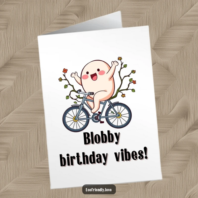 Funny Free Printable Birthday Card: A goofy blob character enthusiastically riding a bicycle made of green vines, celebrating with speed.