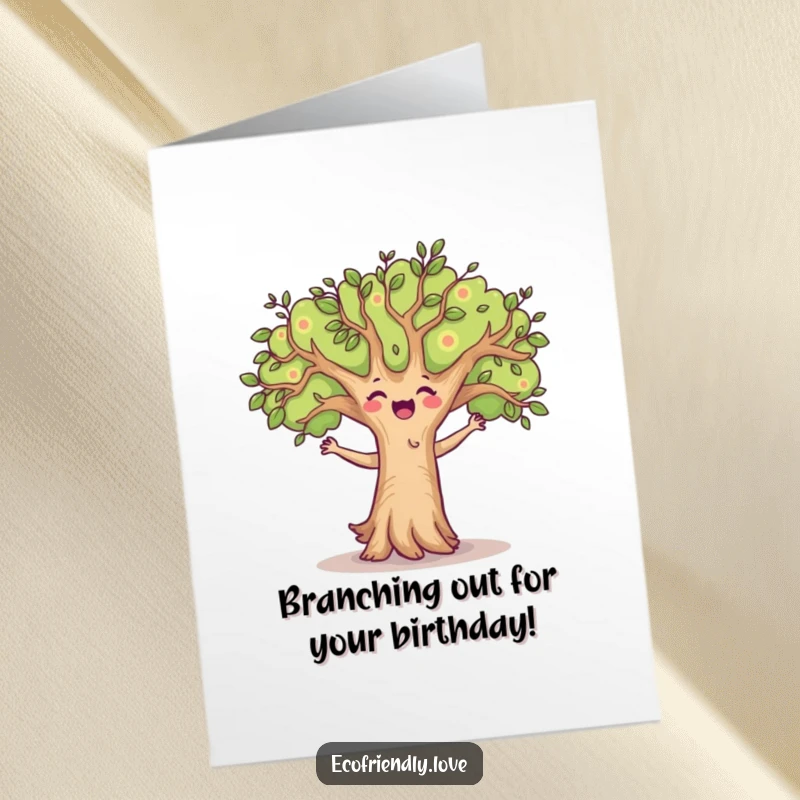 Funny Free Printable Birthday Card: A joyful tree character dancing with branches swaying, spreading birthday cheer, perfect DIY gift.