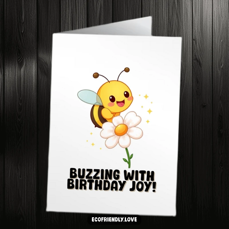 Funny Free Printable Birthday Card: A cheerful bee buzzes around a flower, leaving a magical trail of sparkles for a birthday.