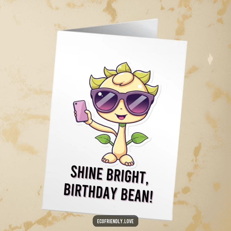 Funny Free Printable Birthday Card: a kawaii sprout wearing oversized sunglasses, confidently taking a selfie to celebrate.