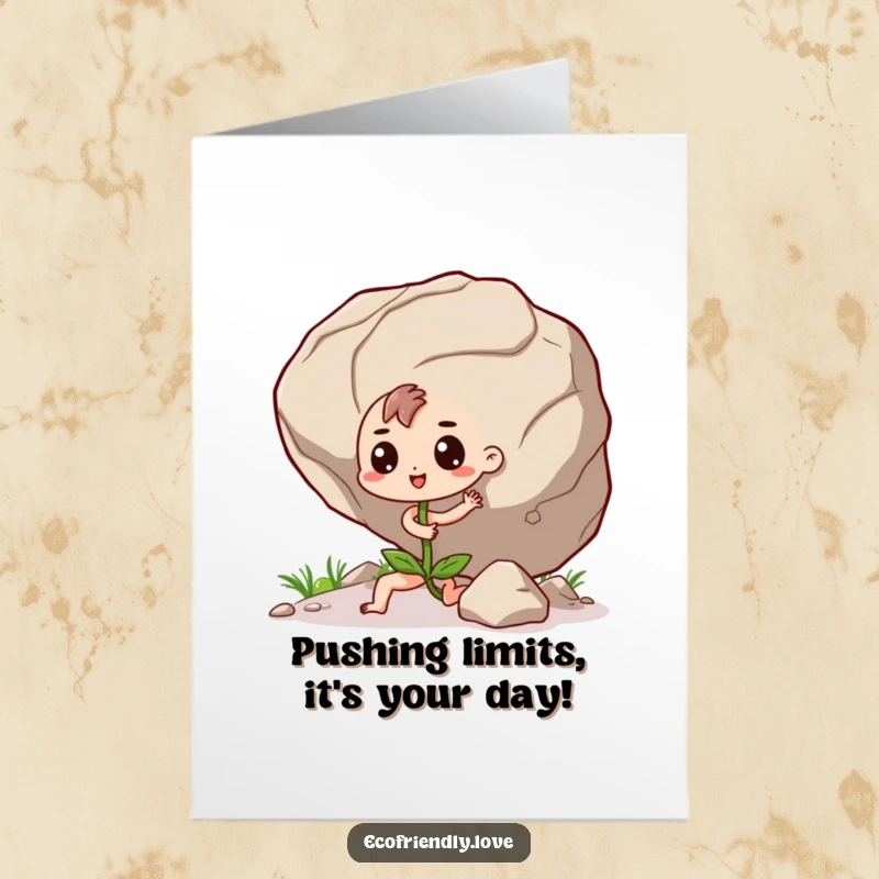 Funny Free Printable Birthday Card: a determined kawaii seedling pushing a giant boulder with all its might, celebrating strength.