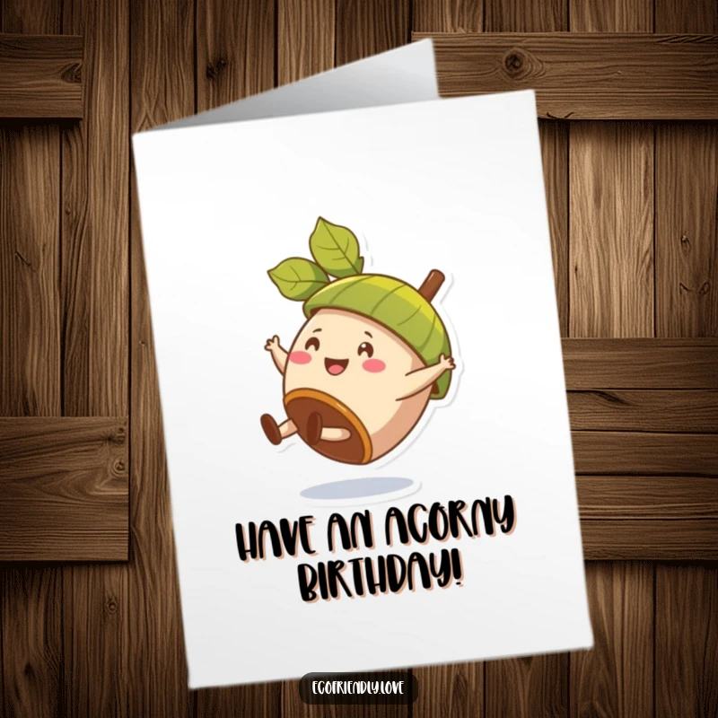 Funny Free Printable Birthday Card: A happy acorn with a leaf hat does a cartwheel, celebrating a birthday with energy.