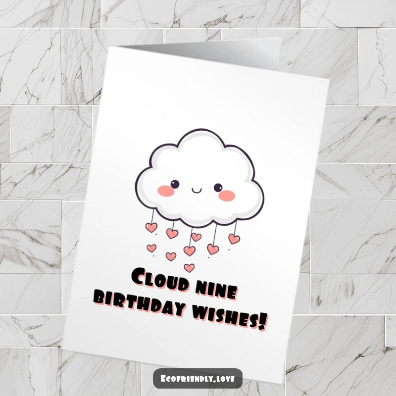 Funny Free Printable Birthday Card: A cute cloud character showers down tiny red hearts.