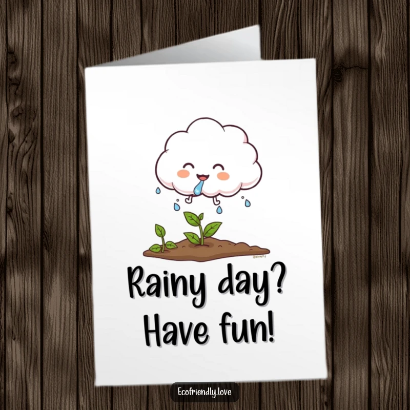 Funny Free Printable Birthday Card of a fluffy cloud character giggling while sprinkling water droplets onto a small growing plant.