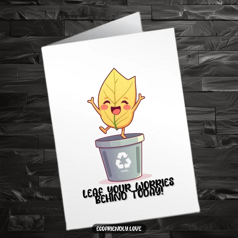 Funny Free Printable Birthday Card: A cheerful leaf character leaping joyfully over a recycling bin, celebrating.