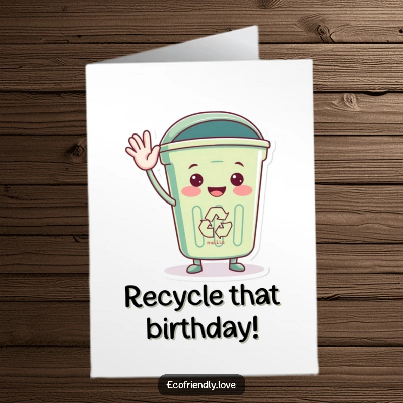 Funny Free Printable Birthday Card: A cheerful recycling bin character waving a friendly hello, celebrating birthdays responsibly.