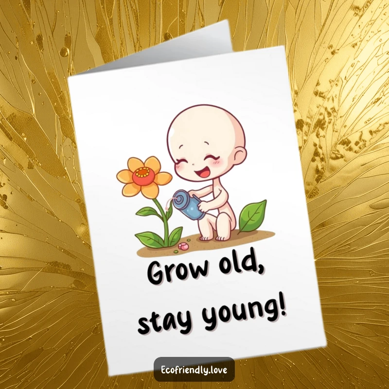 Funny Free Printable Birthday Card: A tiny sprout giggling gleefully while watering a droopy flower.