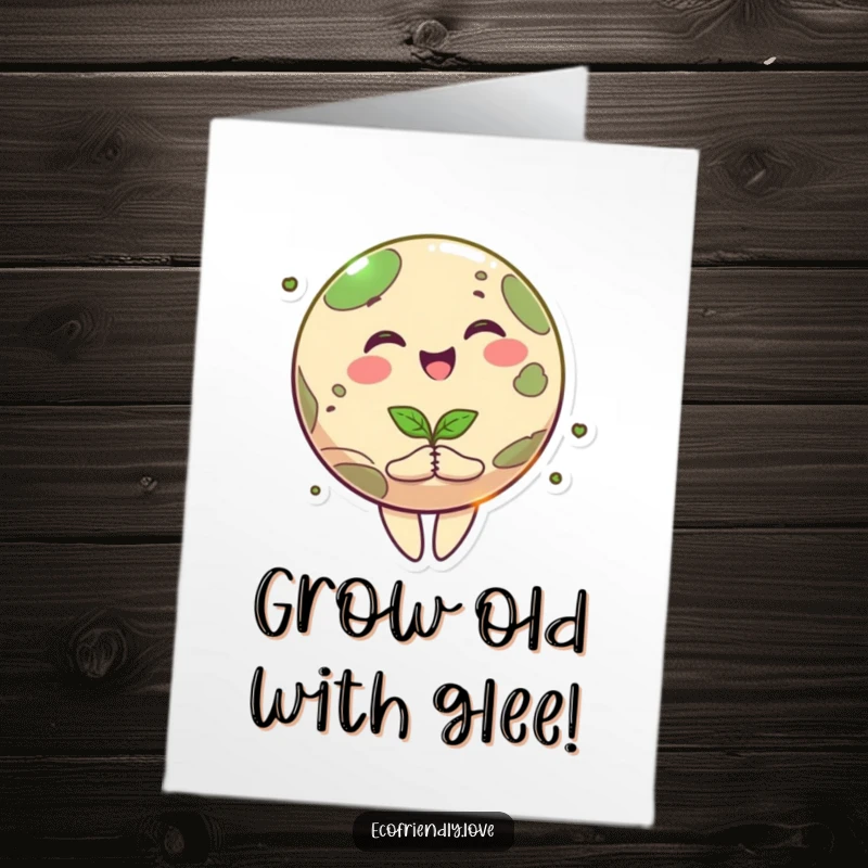 Funny Free Printable Birthday Card: A joyful planet character happily spins while holding a tiny seedling, ready for growth.