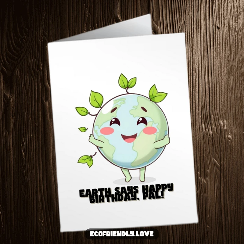Funny Free Printable Birthday Card: Smiling globe character hilariously juggling three vibrant green leaves, perfect for a playful celebration.