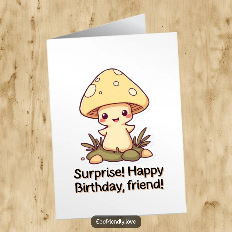 Funny Free Printable Birthday Card featuring a mischievous mushroom character popping unexpectedly from the ground with a playful grin.
