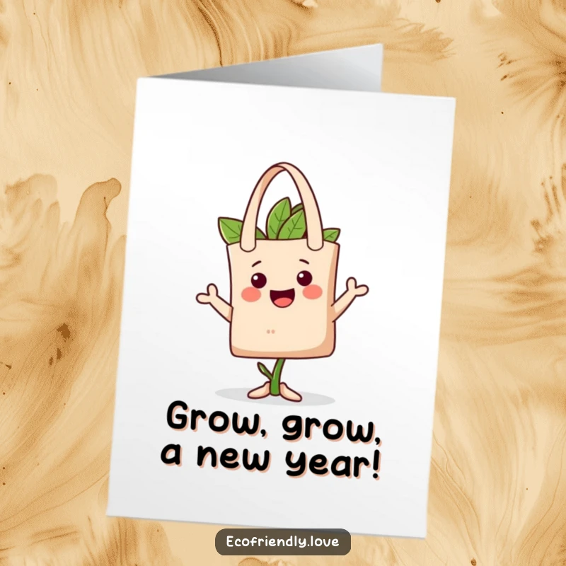 Funny Free Printable Birthday Card: A happy plant character wearing a reusable tote bag as a fashionable hat.