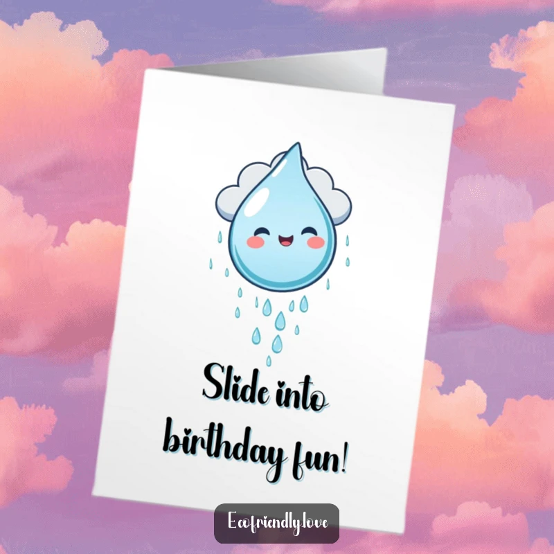 Funny Free Printable Birthday Card: Water droplet character gleefully sliding down a rain cloud, cute and funny downloadable art.