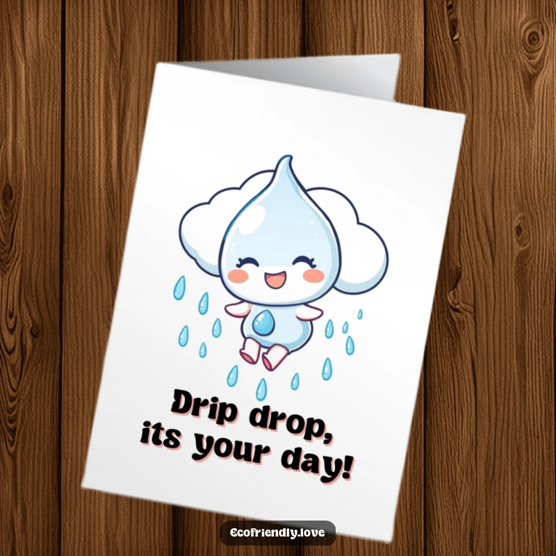 Funny Free Printable Birthday Card featuring a water droplet character gleefully sliding down a rain cloud with pure joy.