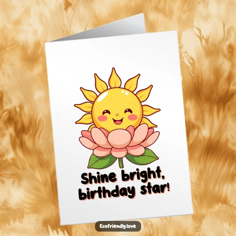 Funny Free Printable Birthday Card: A smiling sun character beams warmly down on a beautifully blooming flower.