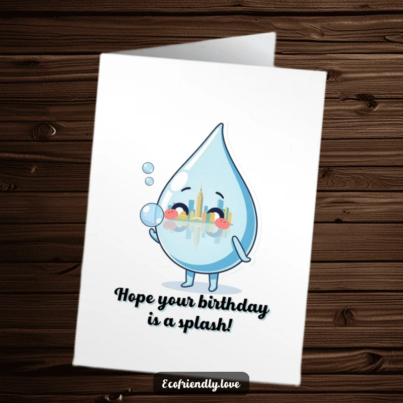 Funny Free Printable Birthday Card: Friendly water droplet character blows a bubble showing a tiny cityscape.