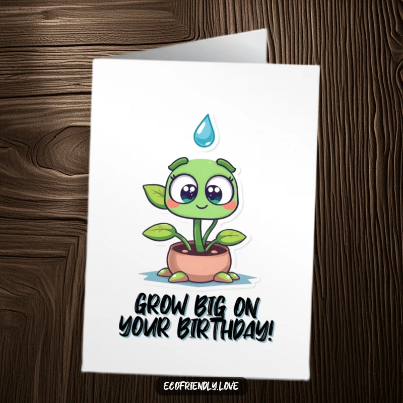 Funny Free Printable Birthday Card: A plant seedling with wide eyes eagerly soaking up a large drop, celebrating a birthday.