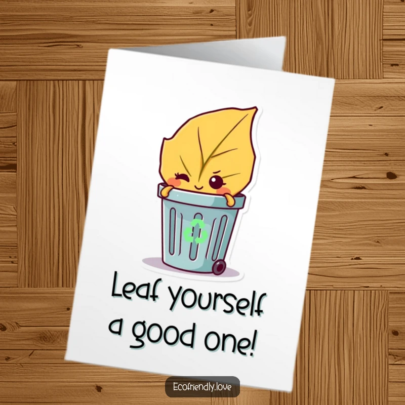 Funny Free Printable Birthday Card: A mischievous leaf character peeking from behind a recycling bin and giving a playful wink.